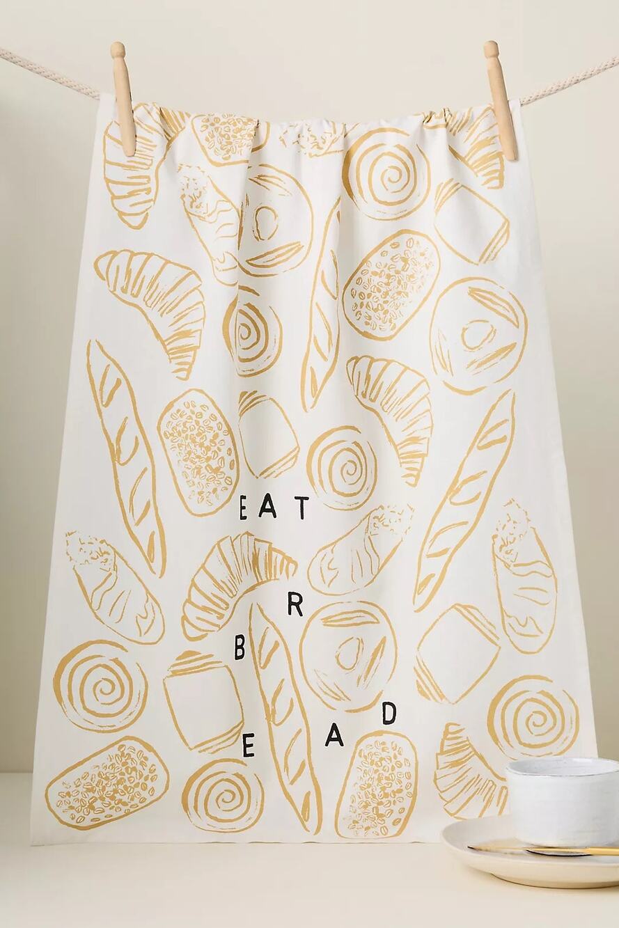 NEW ANTHROPOLOGIE White Tan Black Eat Bread $38 Pastry Kitchen Tea Towel Decor